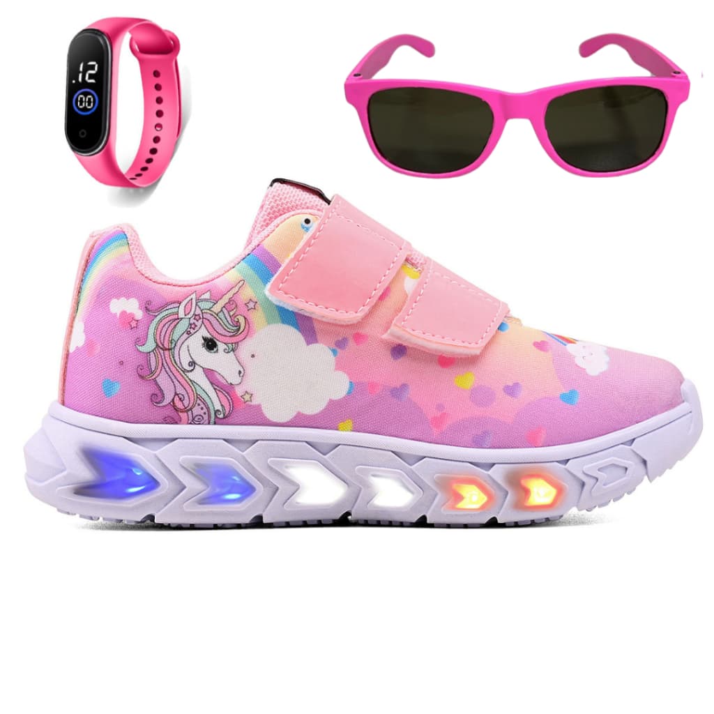 Tênis Infantil Feminino de Led Unicornio Menina Rosa Tira Colante com Óculos e Relógio Elis Magazine