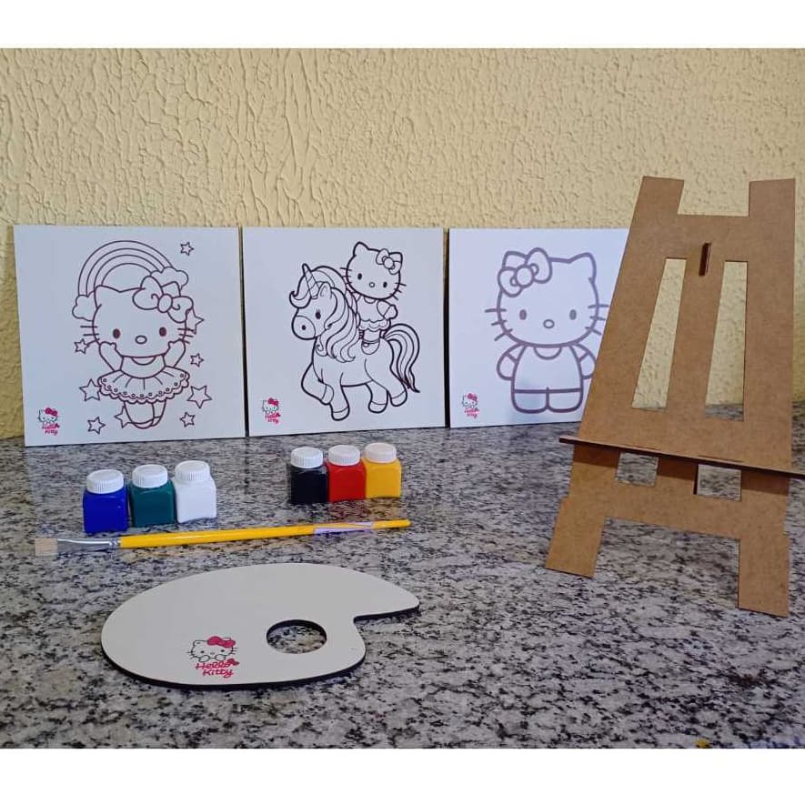 Kit Pintura Infantil MDF HELLO KIT -3 Telas 20cm + Cavalete + Paleta MDF + 6 tintas + 1 Pincel