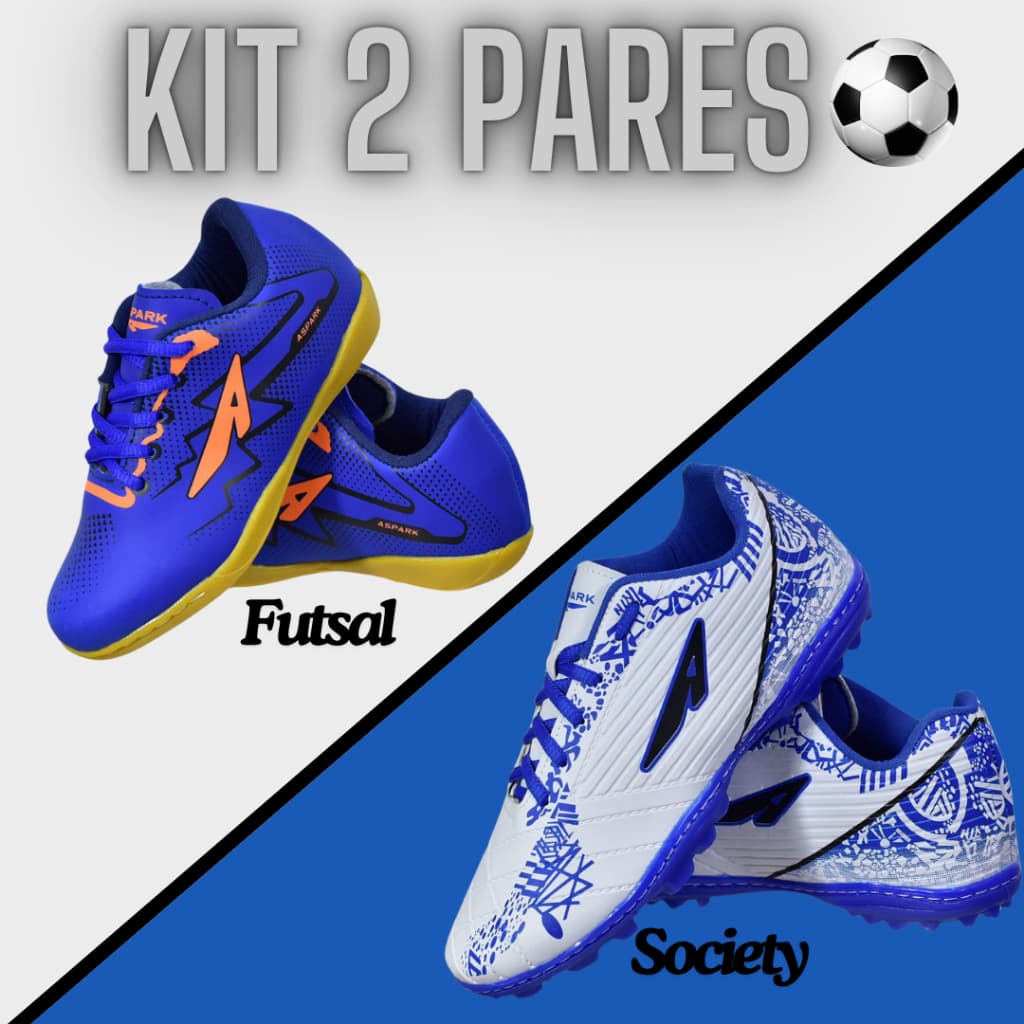 Kit 2 Pares Chuteira Masculino Infantil+Adulto Resistente Original Confortável Macio Leve Futebol Society+Futsal Promo