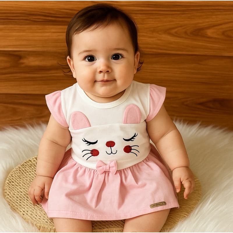 Conjunto Romper de Bebê Menina Tematico Mesversario Verão Gatinha Fofo 3 a 6 Meses