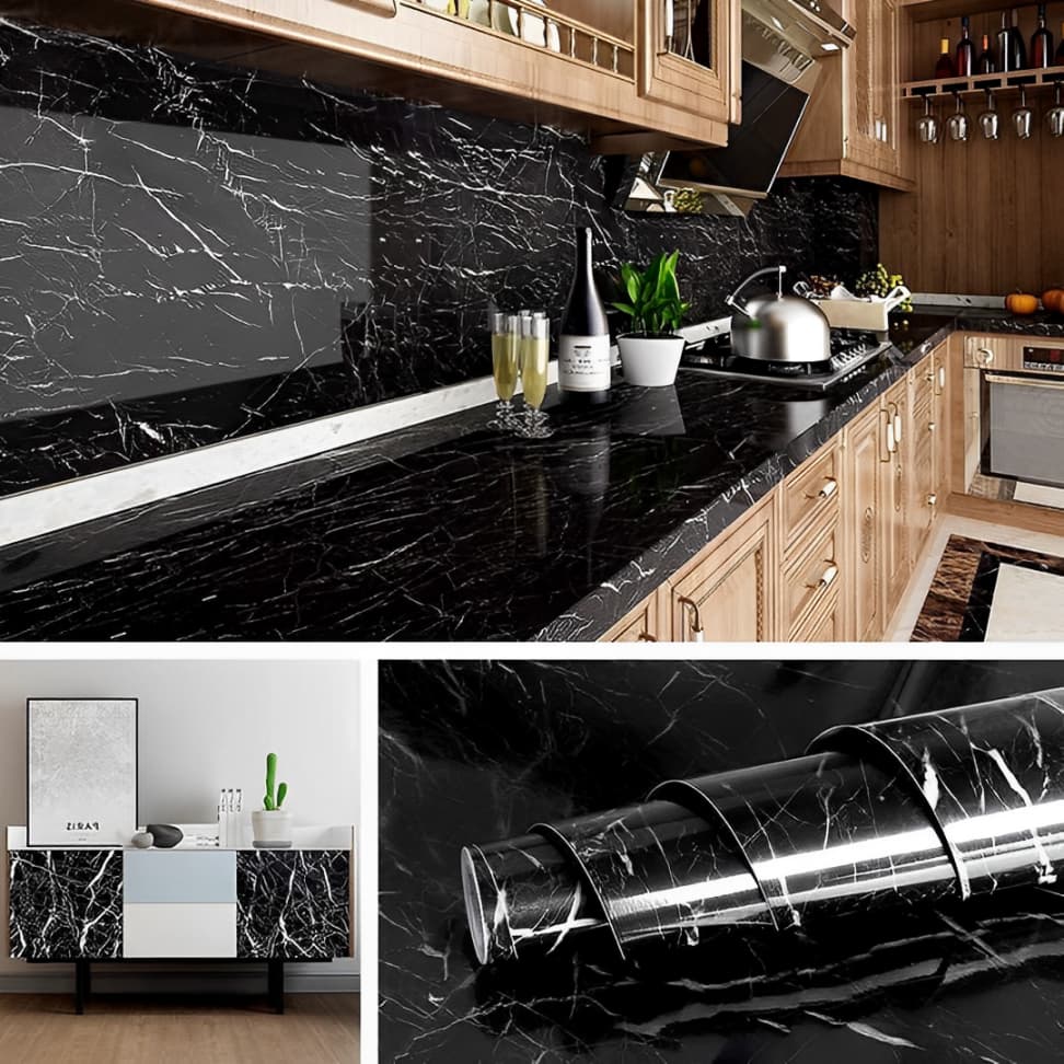 Papel De Parede Marmore Preto 10m x 45cm Adesivo Lavável Sala Cozinha Quarto Decoração