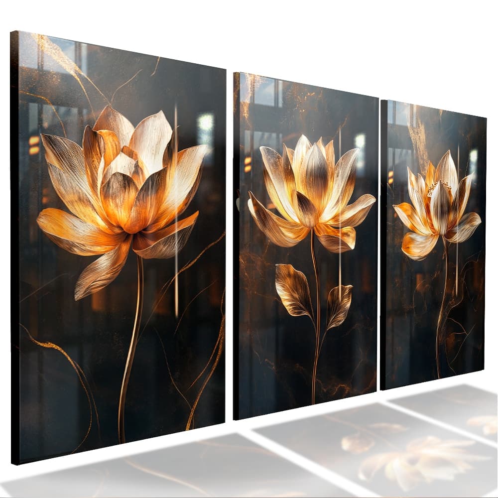 Quadro Decorativo Flor Tulipa Moderna Dourada Retrô Alta Resolução