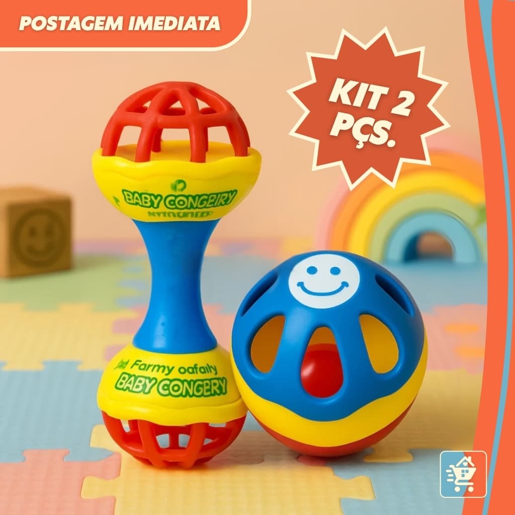 Kit Brinquedos Chocalho Sensorial para Bebê – Mordedor Halter + Bolinha Divertida e Segura