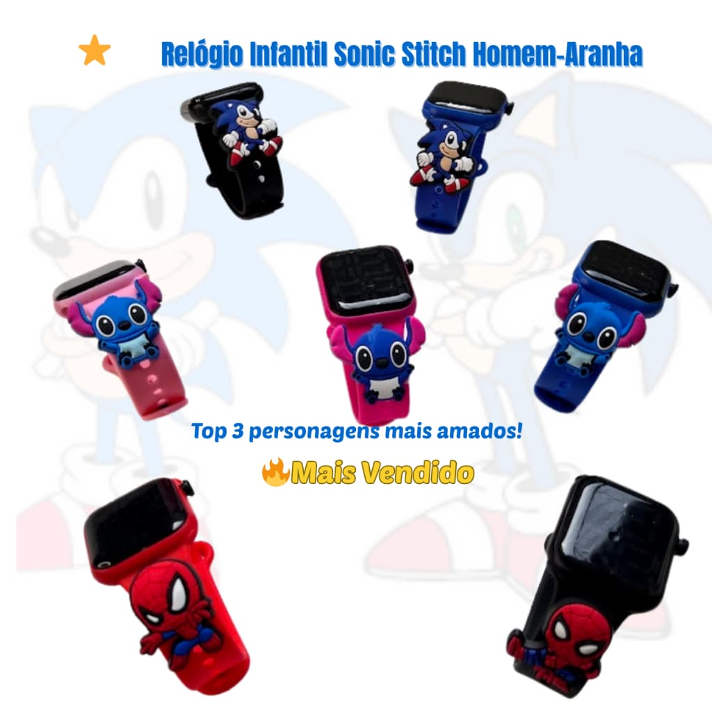 Relógio Infantil Digital Menino Menina Sonic Stitch Homem Aranha