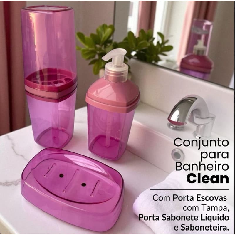 kit  Banheiro Clean 3 peças Porta Escova, Sabonete Líquido 280 ml e Saboneteira - Plástico