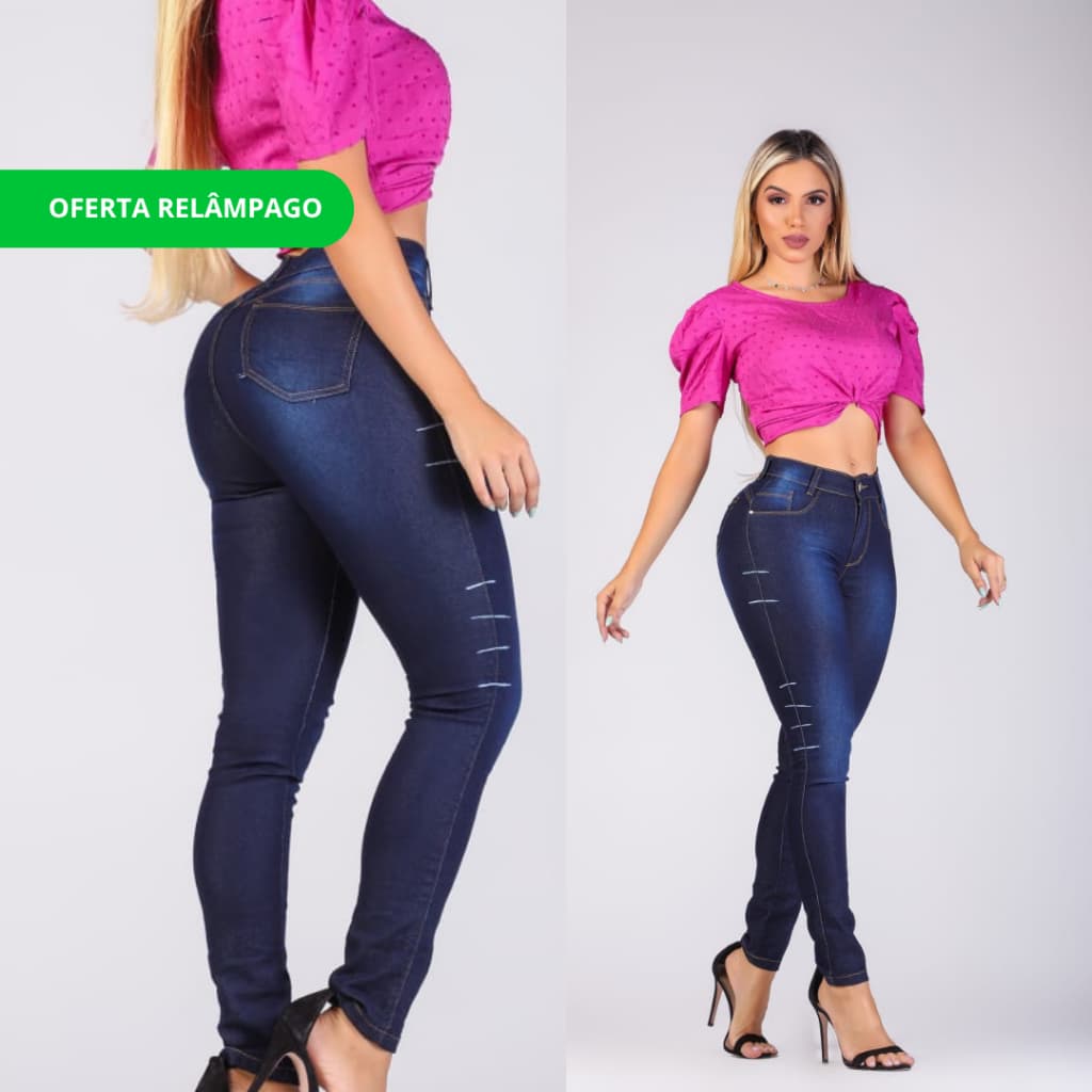 Calça Jeans Feminina com Elastico no Cós Elastano Lycra Brilho Ciintura Alta Barata Trabalho