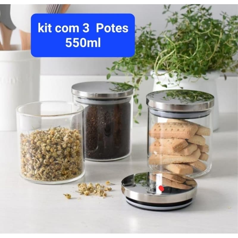 COZINHA.  Potes  Herméticos com Tampa Inox  550ml.Com tampa  Herméticos Cozinha Organização.