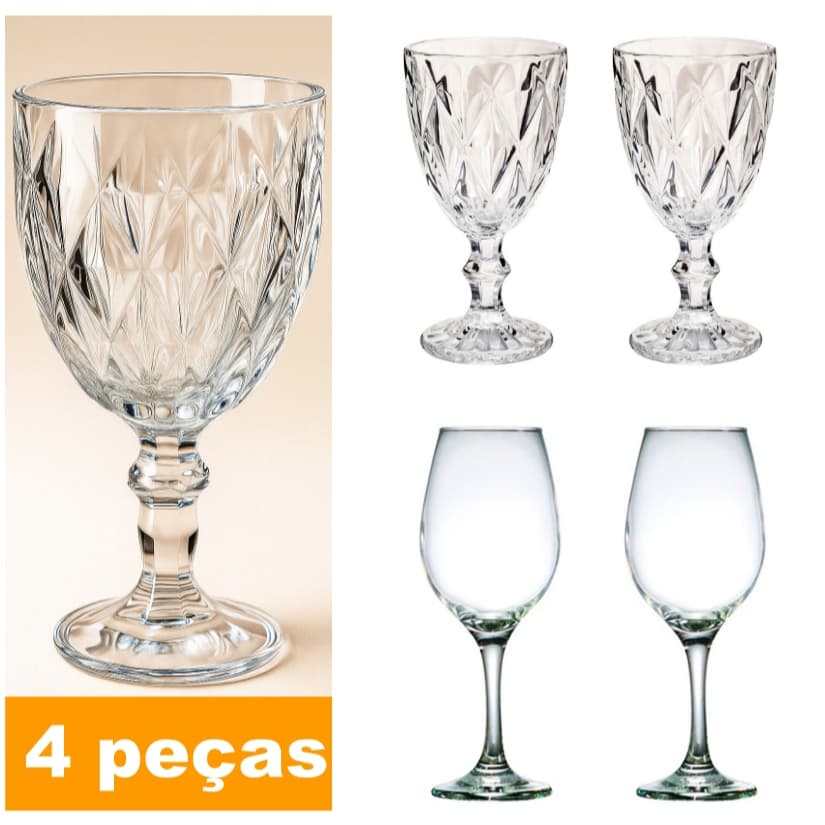 Kit 4 Taças MY LOVE – Brinde com Amor! (2 Taças Diamante + 2 de Vinho)