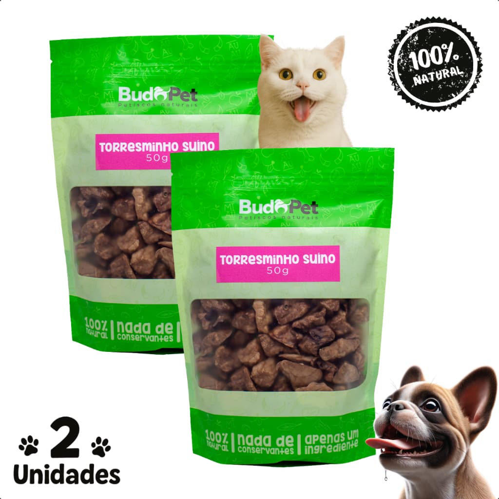 Kit Petisco Natural Cães Gatos Torresminho Suíno Budopet 2un