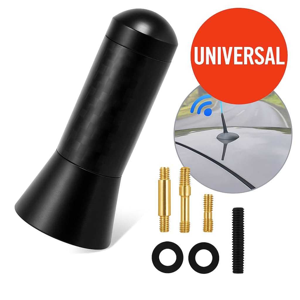 Antena Esportiva Tubarão Universal Carro Fibra Carbono Curta Haste 3.5mm FM AM Teto Automotivo Premium