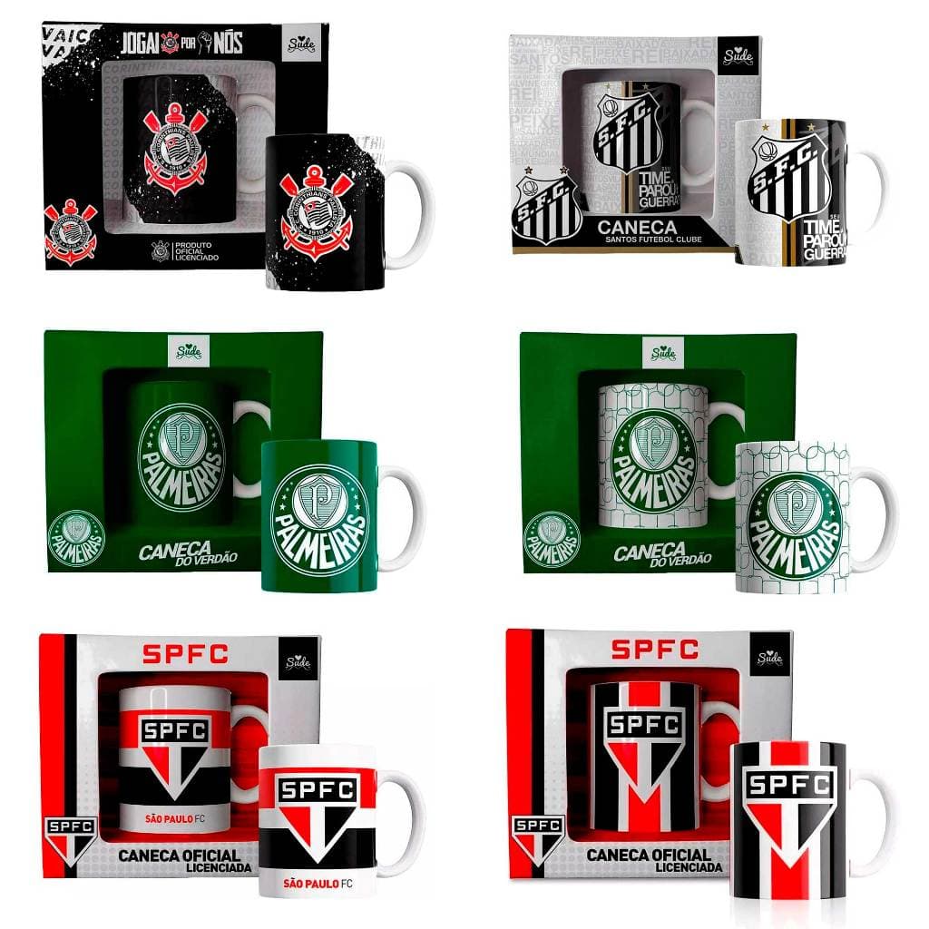CANECA DE PORCELANA 330ML TIMES DE FUTEBOL LICENCIADA OFICIAL SÃO PAULO CORINTHIANS PALMEIRAS SANTOS