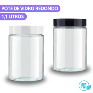 Pote de Vidro 1,1Litros Redondo Com Tampa Rosca Resistente