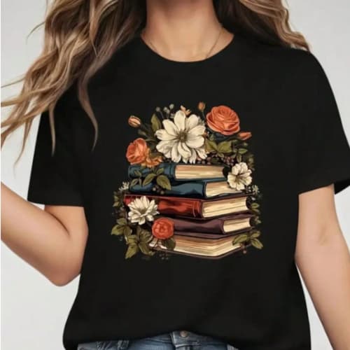 Camiseta Feminina Livros Flores Camisa 100% algodão Modelo Casual de Verão