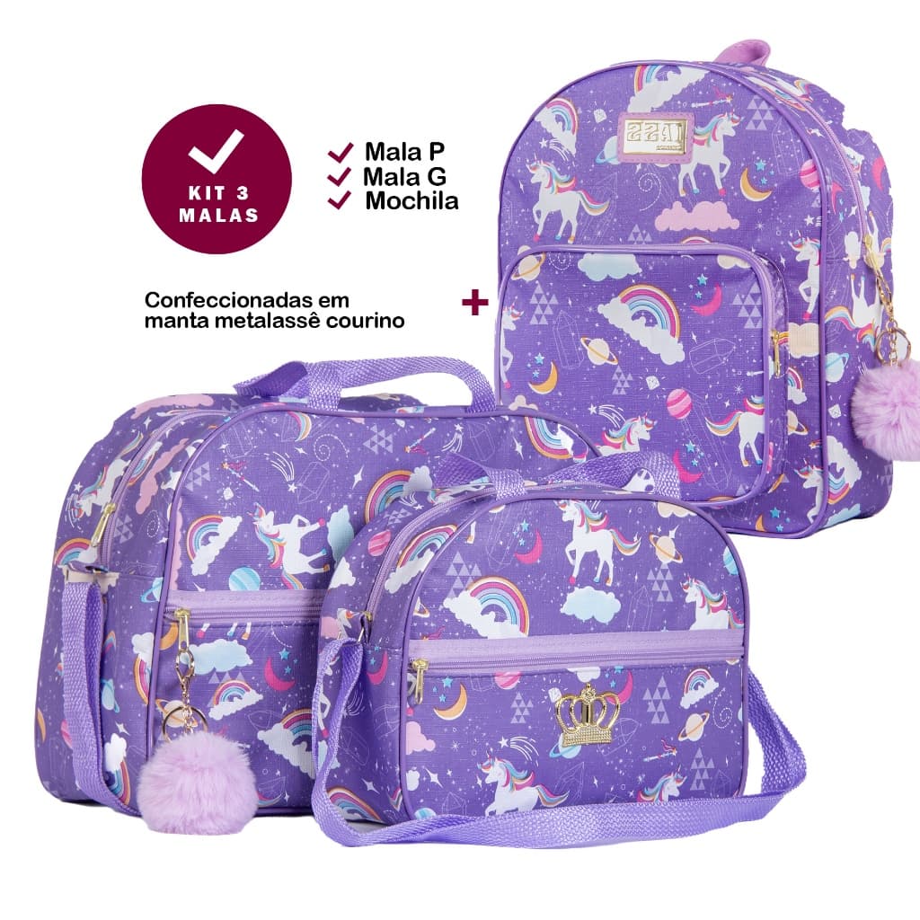 Kit C/ 3 Peças Mala Maternidade Mochila De Costas Infantil Menina e Menino Saida Hospital Reforçada Estampa Unicornio