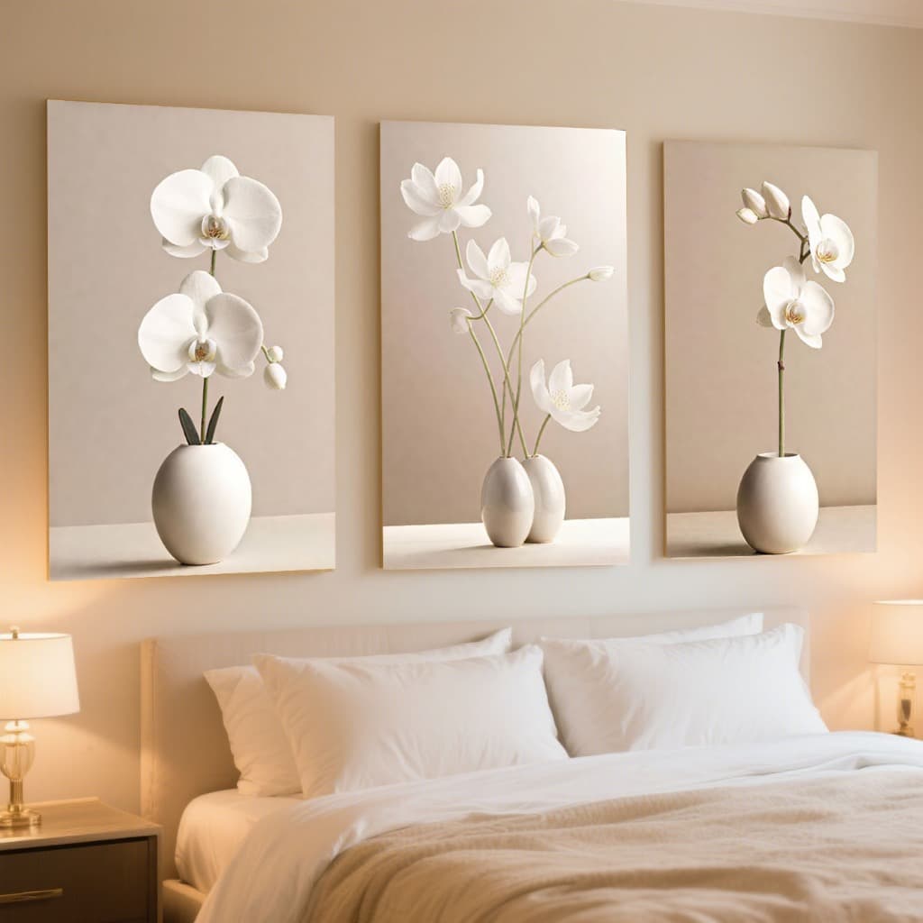 ​​Kit 3 Quadros Decorativos Orquídeas Brancas Estilo Moderno 90x50cm Decoração Parede Sala e Quarto