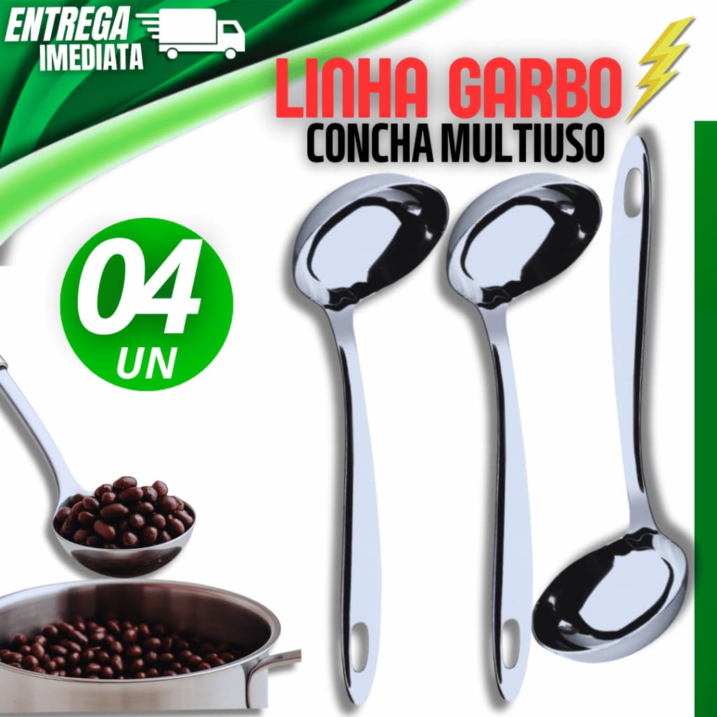 Kit 04 Concha Linha Garbo Inox para Servir Feijão Sopa e Caldos Utensílio de Cozinha Resistente 30cm