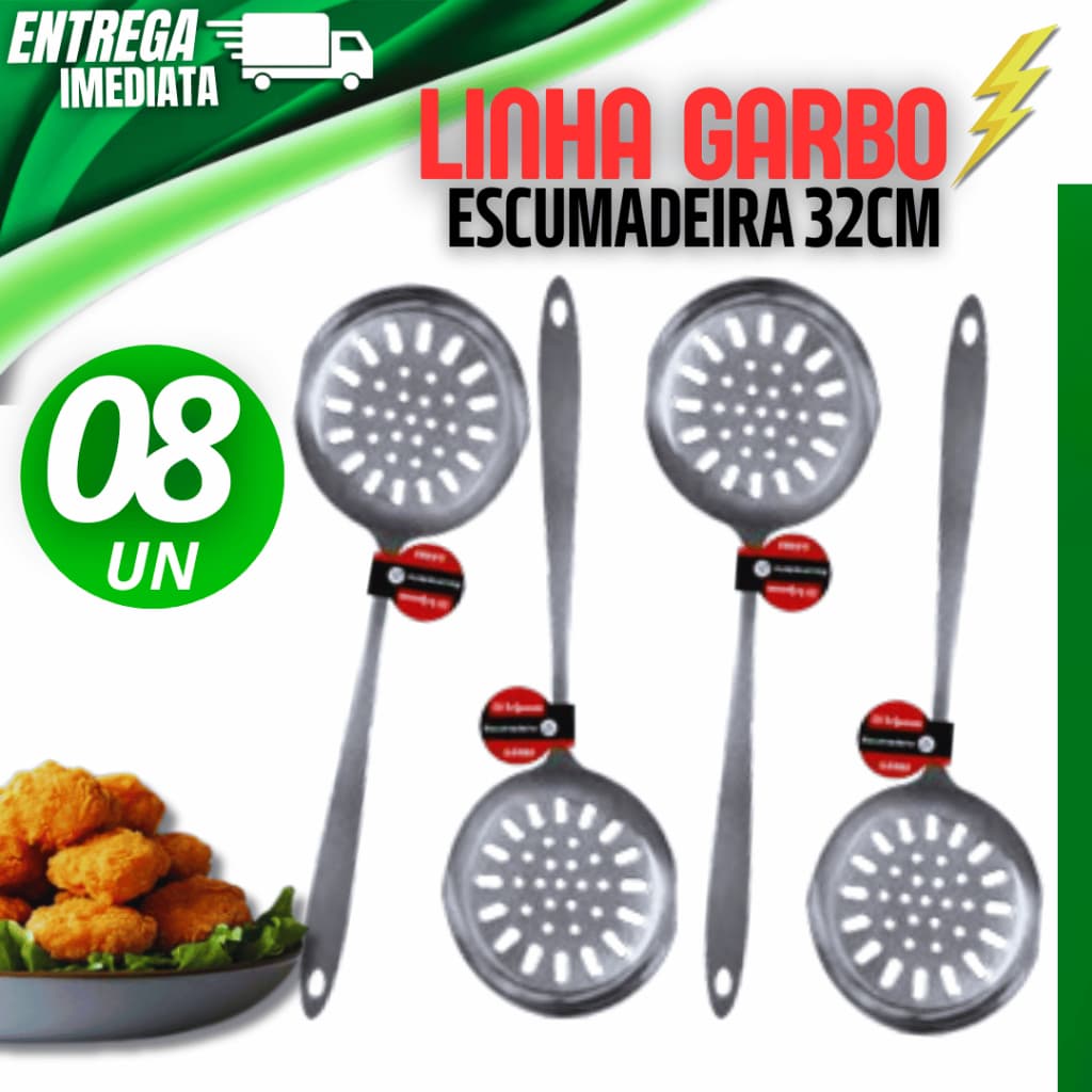 08 Escumadeira Linha Garbo Fritura Aço Inoxidável 32cm Multiuso Premium Resistência Durabilidade