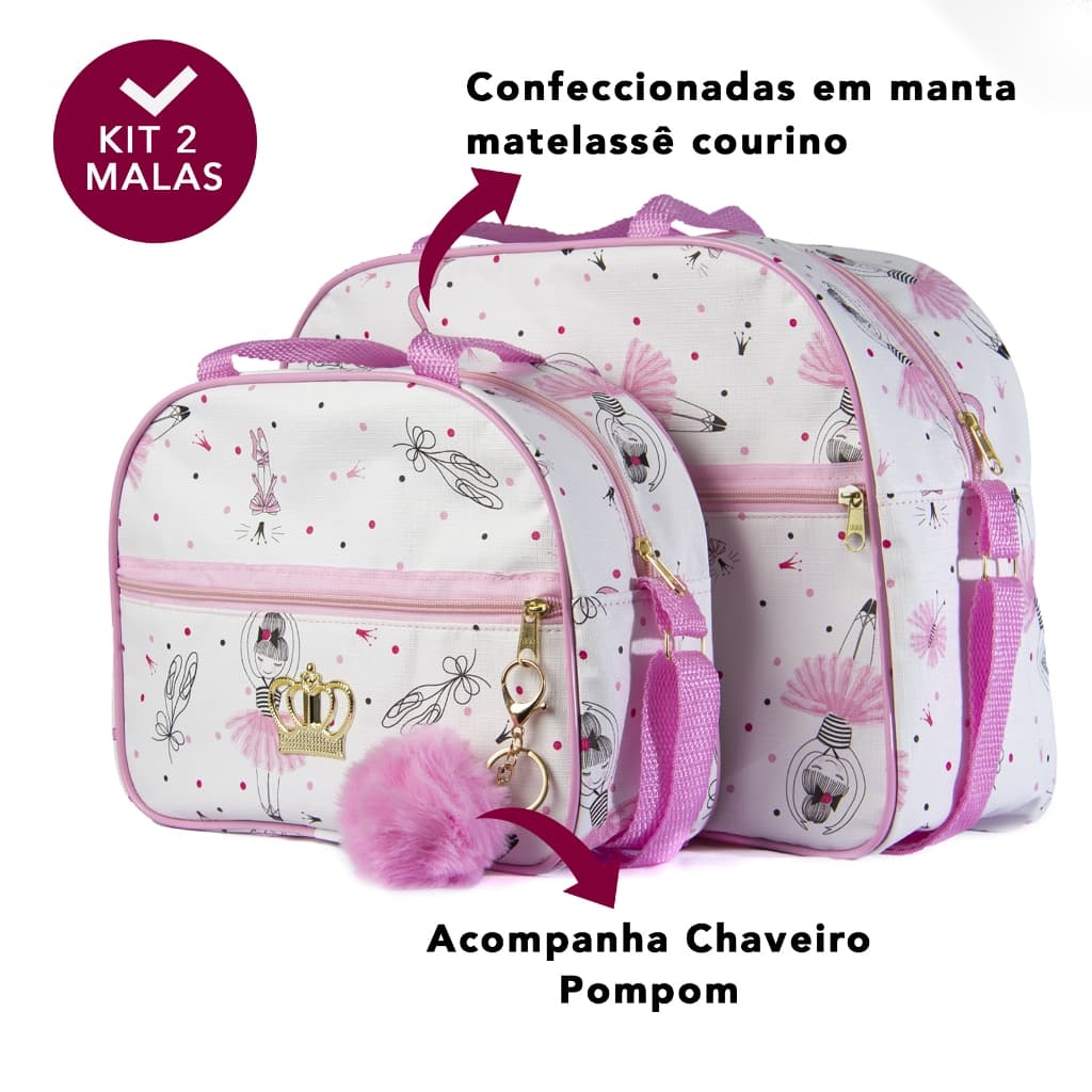Kit Bolsa Maternidade Menina Mala de Mamãe Bebe Bailarina Acompanha 2 peças - Com Pompom