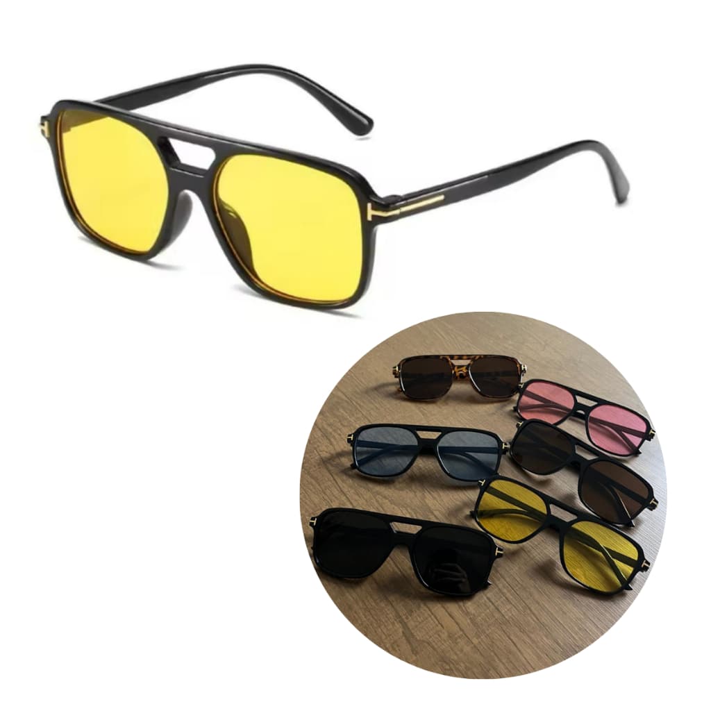 Óculos De Sol Aviador Quadrado Lente Amarela Retro Blogueira Moda Unissex Varias Cores