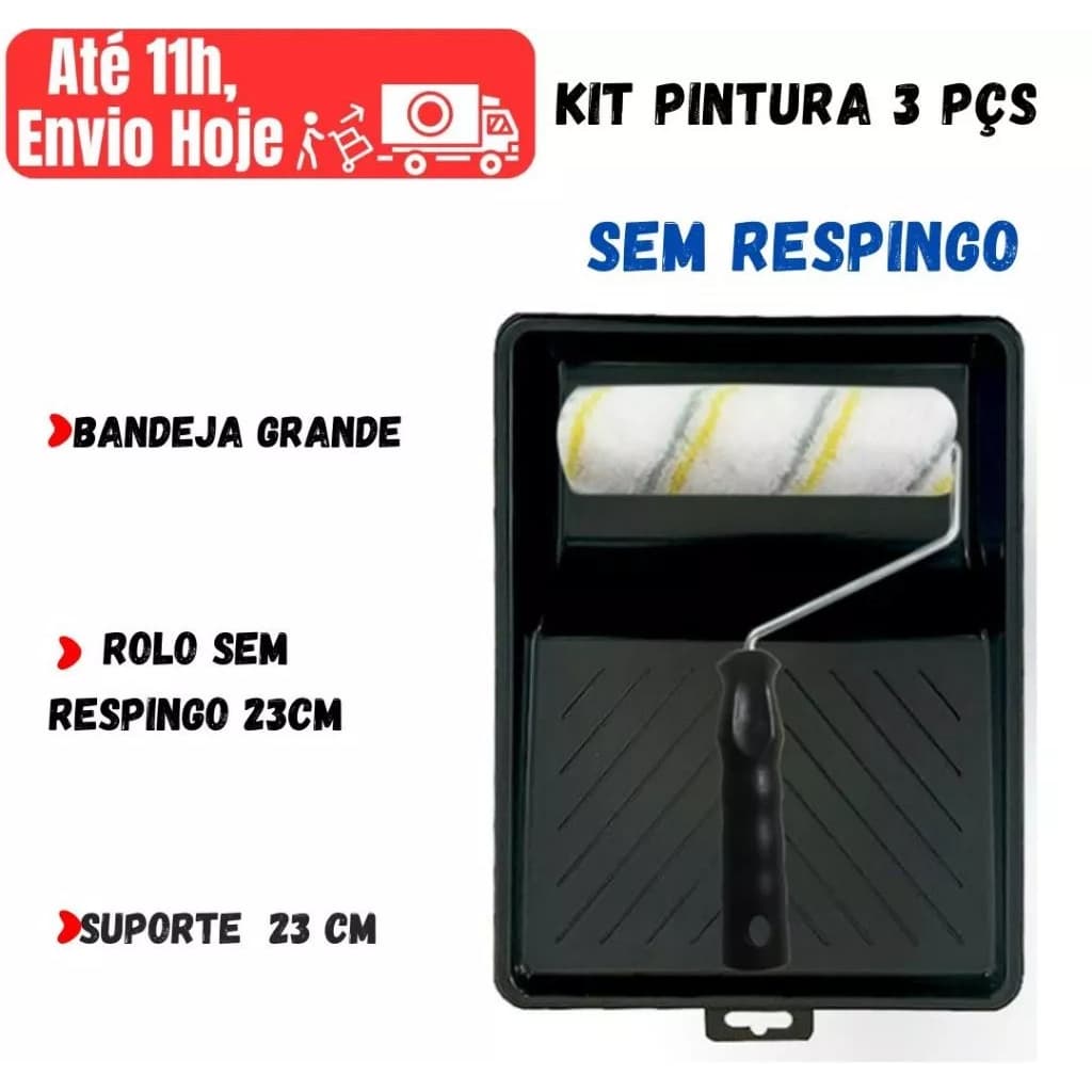 Kit Pintura Reforma.Rolo Anti Respingo Para Parede 23cm, Suporte, Bandeja Grande PROMOÇÃO