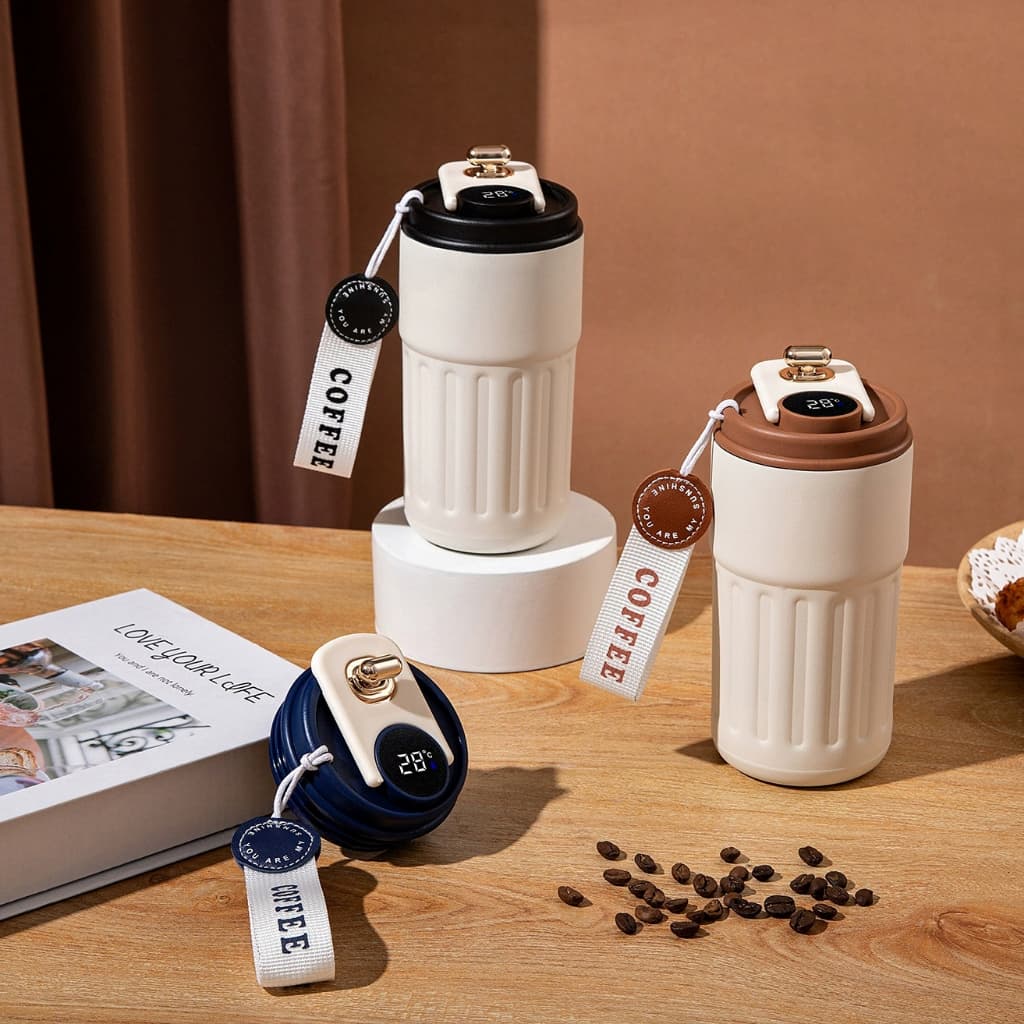 Copo Térmico de Café 410ml em Inox com Tampa, LED de Temperatura e Sistema Antivazamento