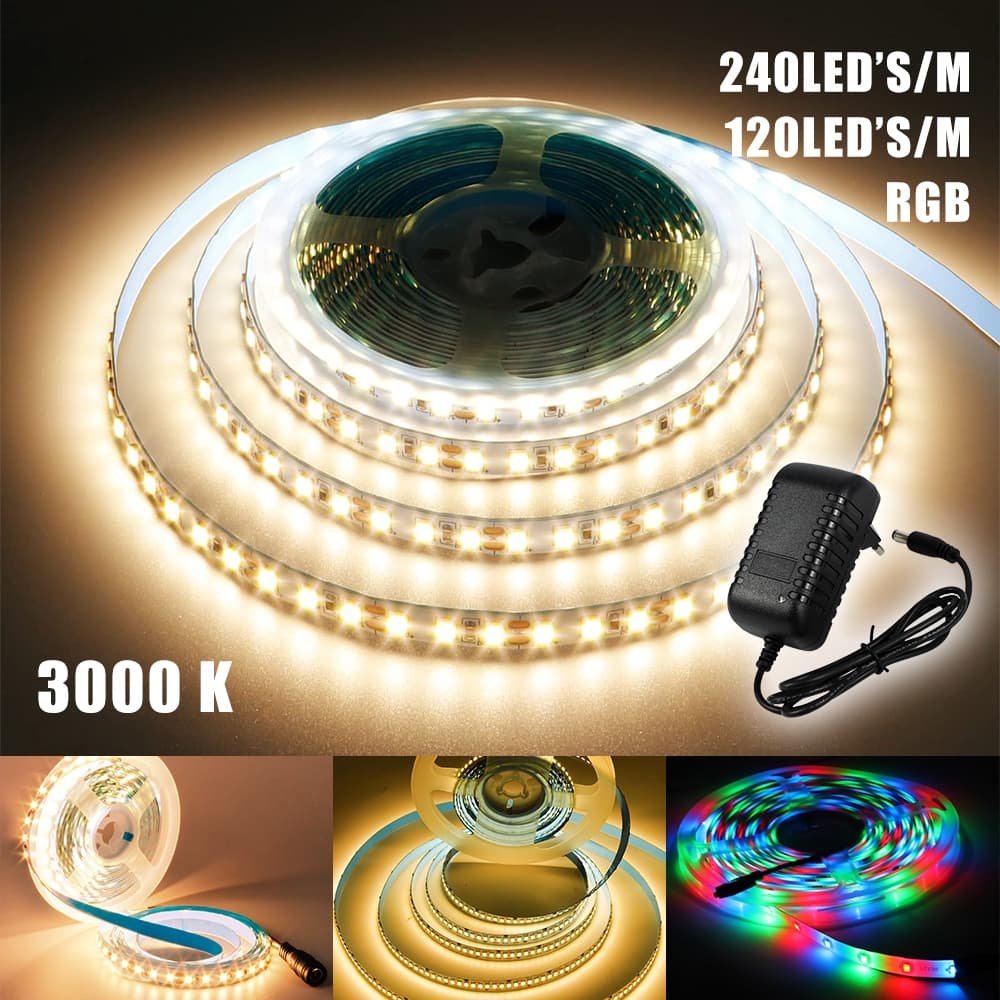 Fita LED 12V 5 Metros - 240 LEDs/m, 120 LEDs/m e RGB (Full Color) - Fita LED Branco Quente 3000K