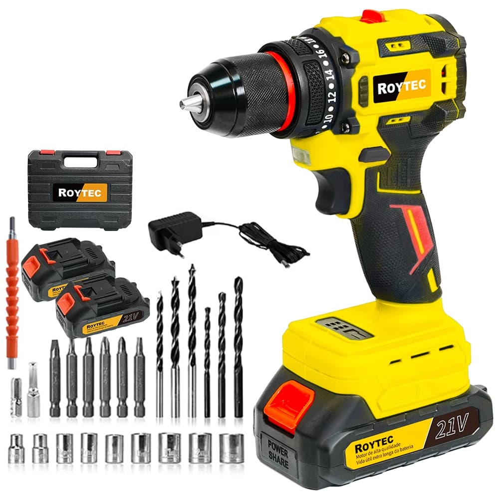 21V Furadeira sem escova  Parafusadeira Furadeira Impacto Sem Fio 2Baterias Com Maleta e Acessórios Completo 3/8" (10mm)