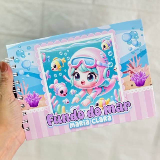 Livro de colorir Fundo do Mar Menina Capa Dura Personalizada com Nome - Artesanal 50 Desenhos180g