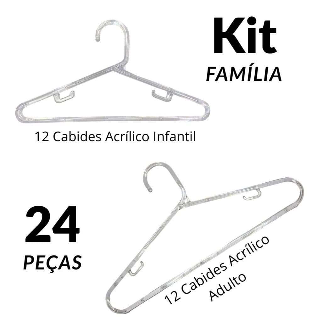 Kit 24 Cabides Acrílico -12 Cabides Adulto Fino 12 Cabides Infantil Leves Resistentes Roupas Closet