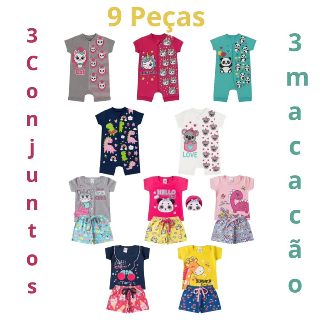 Kit Combo de Roupa Menina 9 Peças Bebê Infantil Verão 3 Macacões e 3 Conjuntos Roupas para Verão Menino