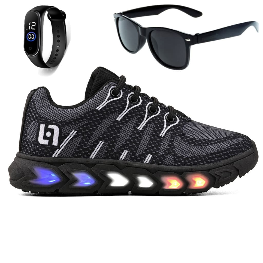 Tenis Infantil De Led Meninos Casual Preto Preto Com Luzes + Óculos e Relógio Elis Magazine