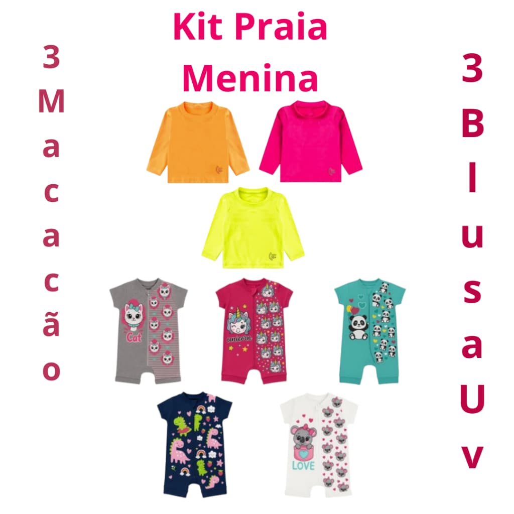 Kit Praia Combo de Roupa Menina 6 Peças Bebê Infantil Verão 3 Macacões e 3 Blusa UV Térmica Roupas para Verão Menino