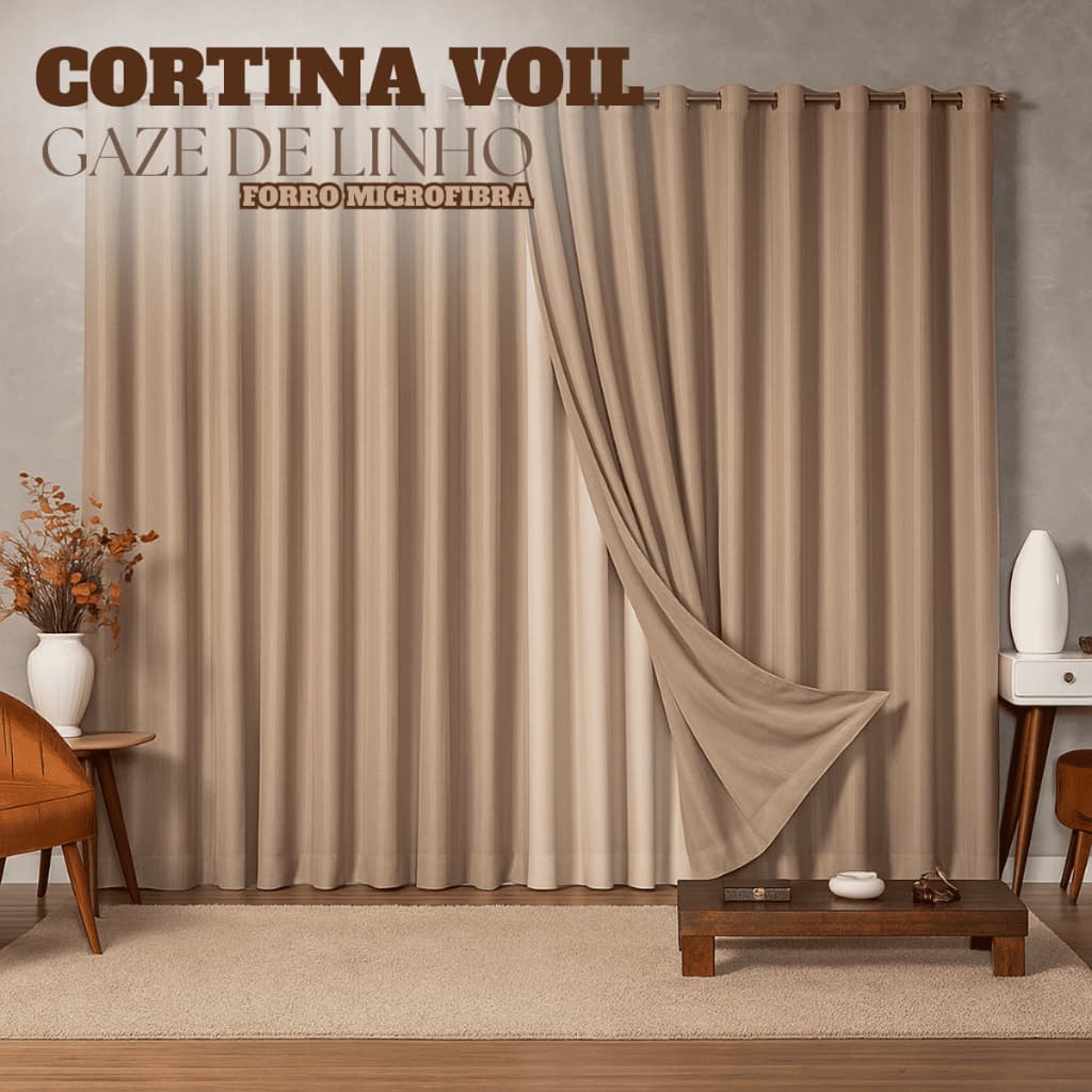 Cortina Voil Gaze De Linho 4,00m x 2,40/2,50/2,60/2,80m c/ Forro de Microfibra