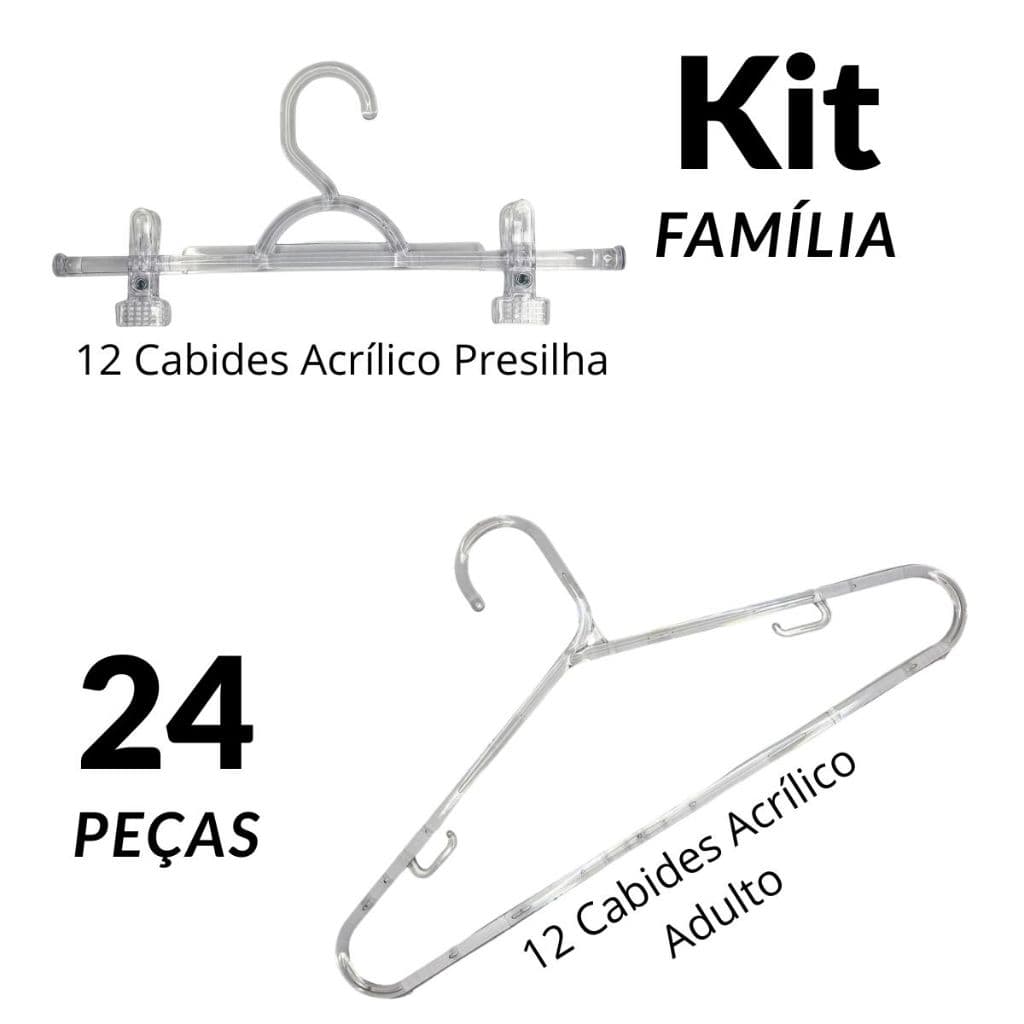 Kit 24 Cabides Acrílico 12 Cabides Fino Adulto 12 Cabides com Presilha Para Roupas Closet