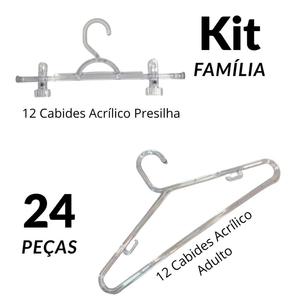 Kit 24 Cabides Acrílico Reforçado 12 Cabides Grossos Adulto + 12 Cabides com Presilha Roupas Pesadas