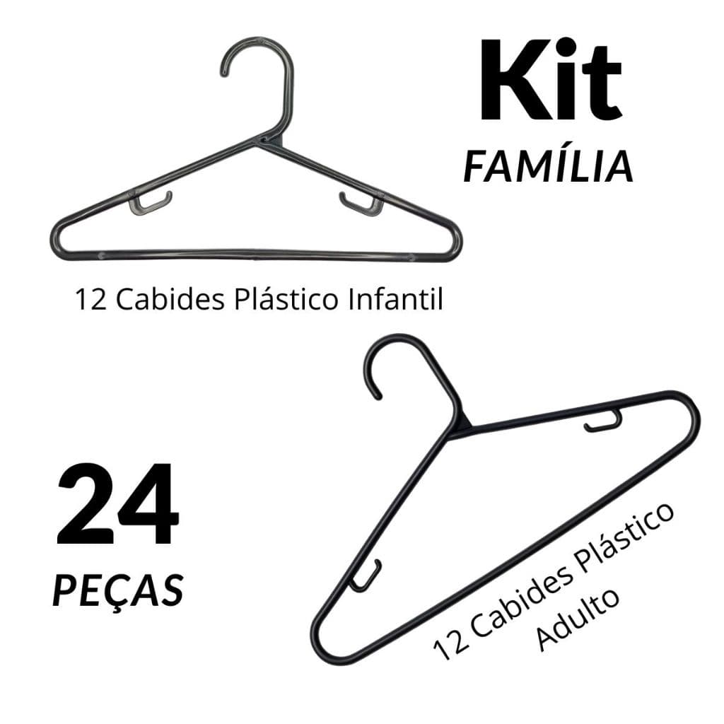 Kit 24 Cabides Plástico Pretos - 12 Cabides Fino Adulto + 12 Cabides Infantil Leve Resistente Closet