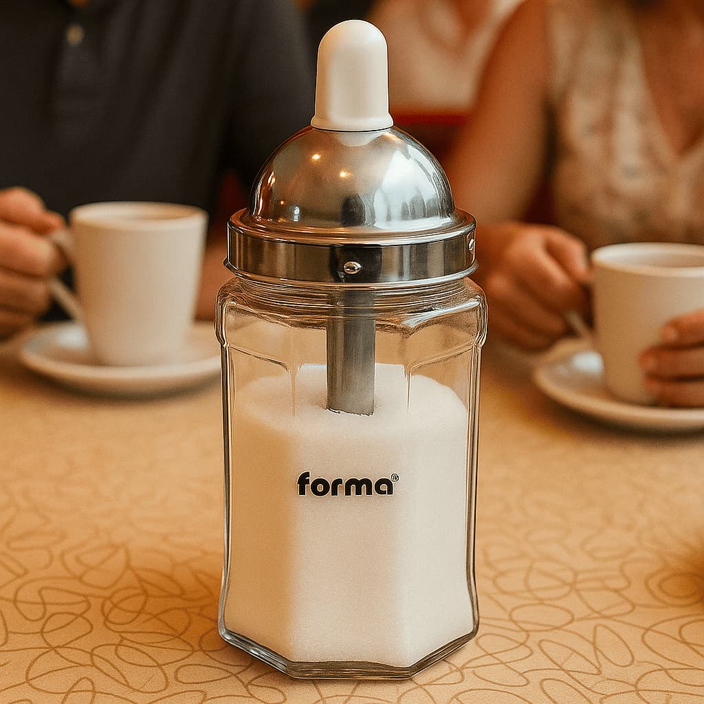 Açucareiro com Dosador Aço inox e Vidro com Tampa 230g Forma grande retrô lanchonete americana