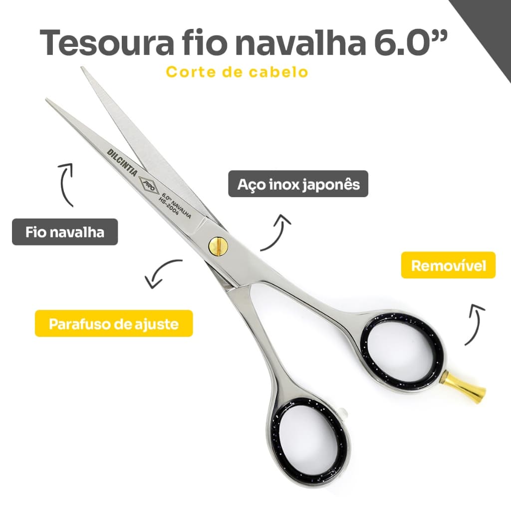 Tesoura Fio Navalha Profissional para Cabelos 6.0" Aço Inox Japonês Dilcintia