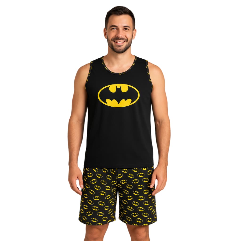 Pijama Masculino Adulto Super Heróis Conjunto Dormir Regata Shorts Curto Personagem Verão