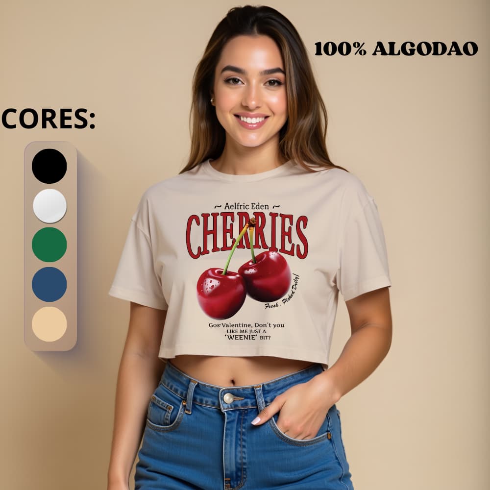 Blusa Cropped Feminina Básica estampa cherries cereja Em Algodão Camisa Camiseta
