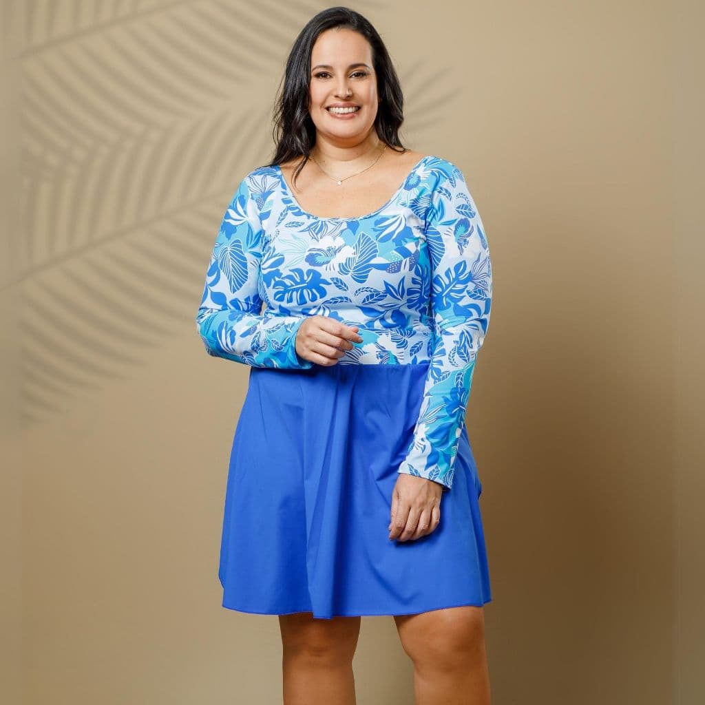 Maiô Macaquinho Plus Size Feminino Saída de Praia Bojo Manga Longa UV50+ Roupa de Praia Evangélico