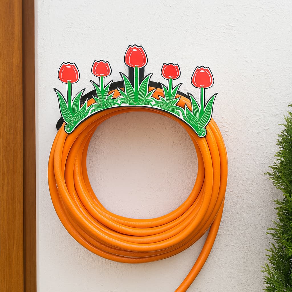Suporte Em Aço Fixo Parede Enrolador De Mangueira Tulipas Coloridas Organizador Quintal Jardim