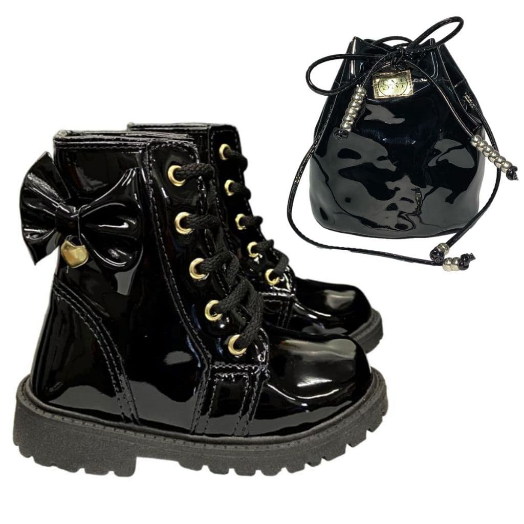 Kit Bota E Bolsa Verniz Preto Infantil Menina 20 Ao 34