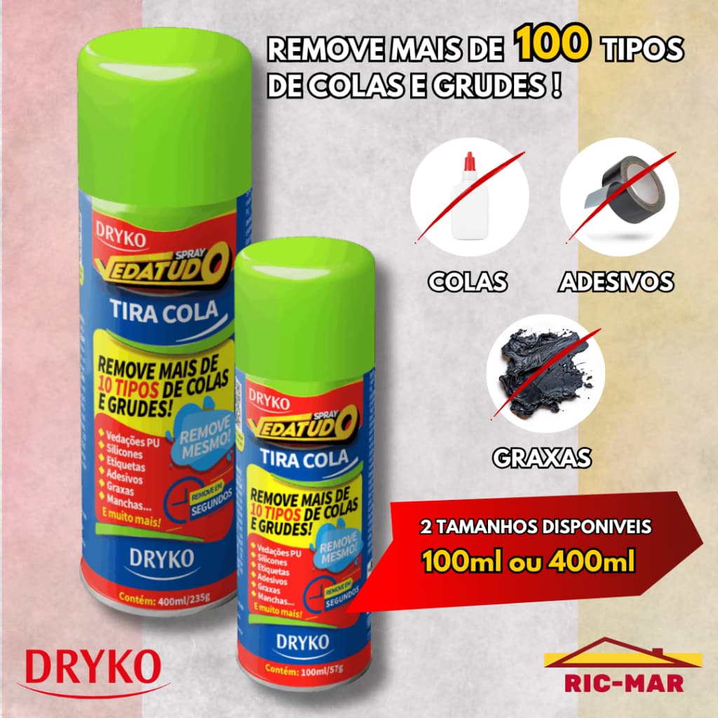 Spray Removedor de Colas, Adesivos e PU Transparente 100ml ou 400ml - Dryko Original