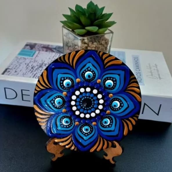 Mandala Placa Decorativa, Pintura Pontilhada.10 cm MDF.