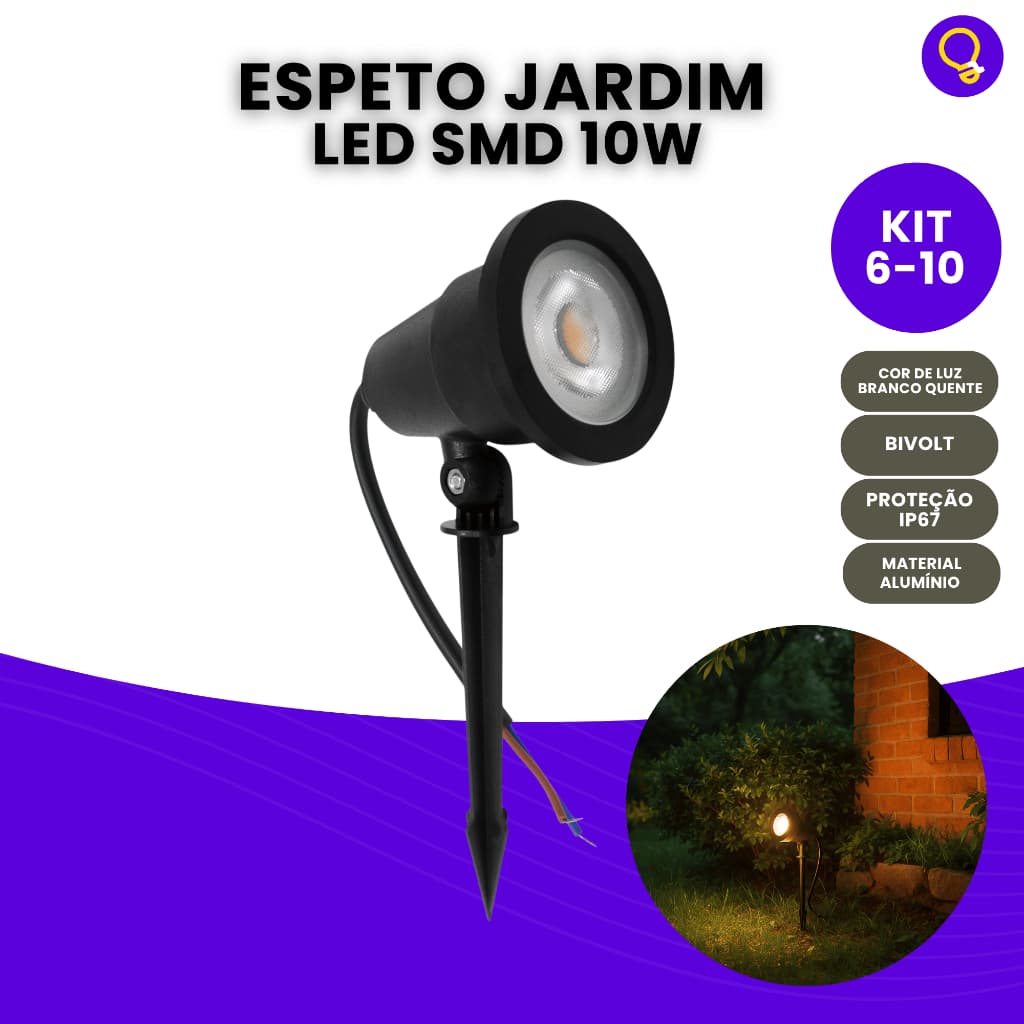 Kit 6 e 10  Luminária Espeto Para Jardim Com Lâmpada Led 10w Luz Quente Bivolt