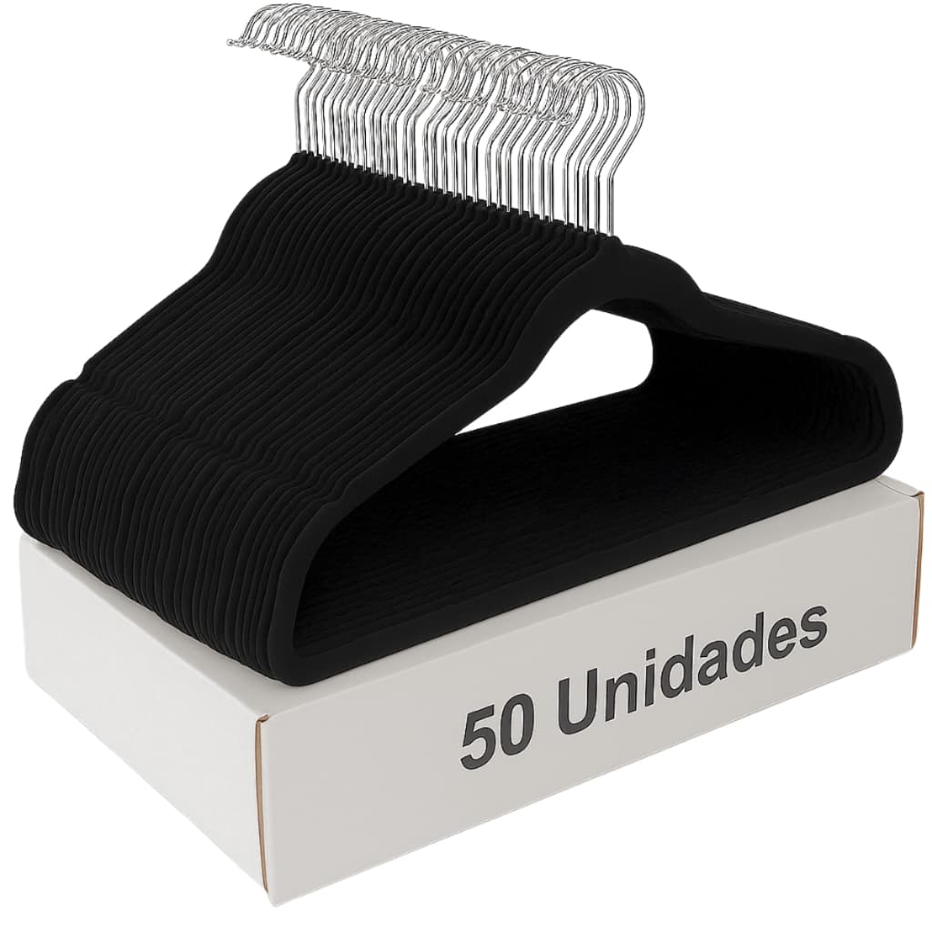 Cabide de Veludo Preto 50 Unidades Slim Adulto Antideslizante Atacado loja