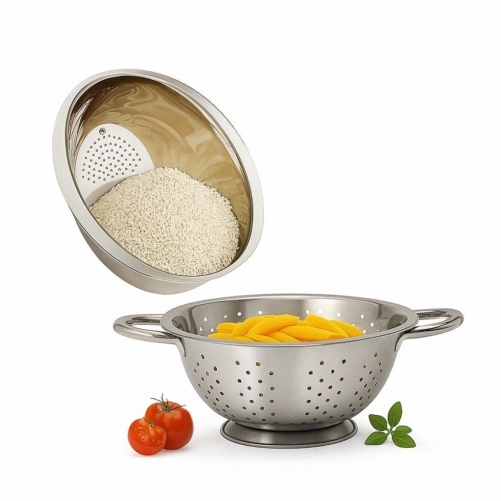 Escorredor de Macarrão Massa 24cm com Alça + Lavador Arroz Inox 26cm Inox