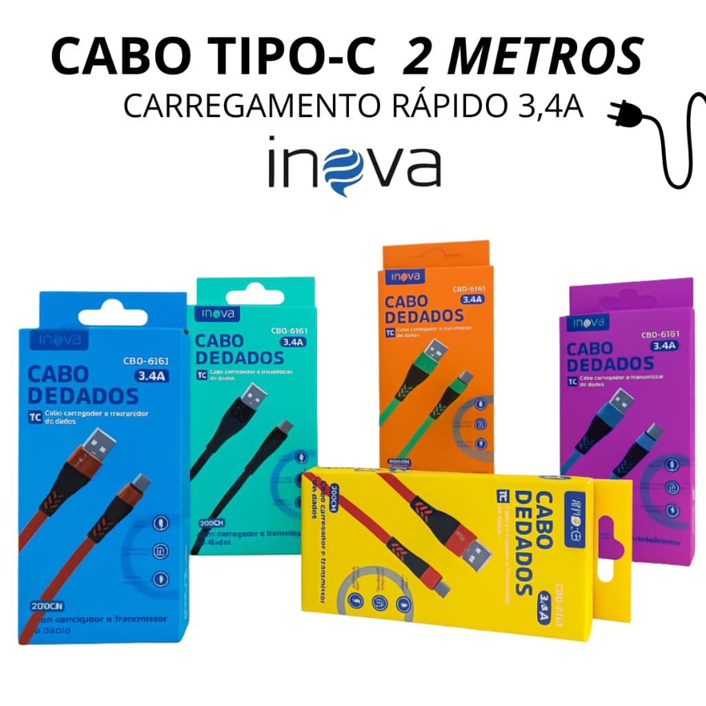 Cabo USB Tipo-C 2 Metros Reforçado Carregamento Rápido Inova