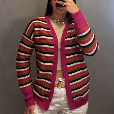 Cardigan de Tricot Listrado Feminino Casaco Cardigan Trico Elegante Inverno Blogueira Kimono de Frio